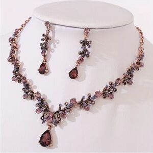 Purple Rhinestone Necklace And Earrings Set